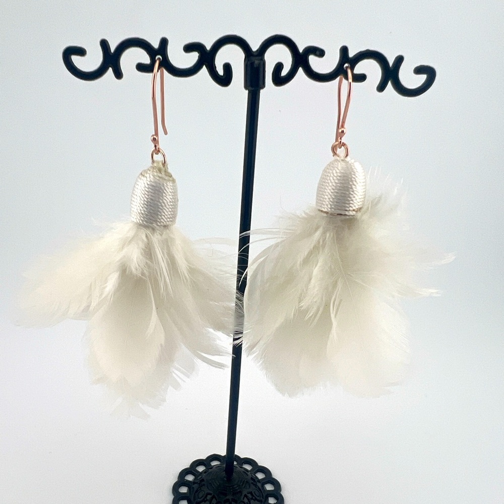 Vintage White Feather Rose Gold Plated Dangle Earrings Bundle 3/$15